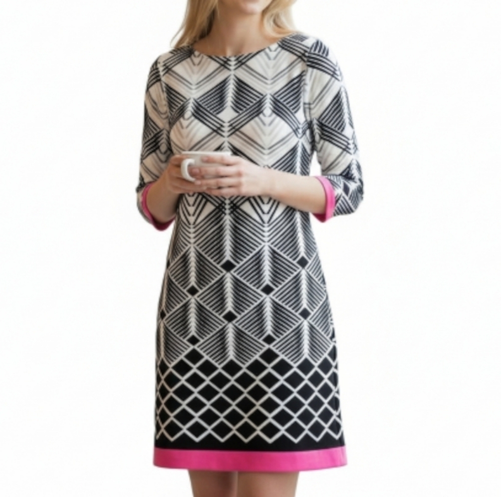 Eliza J Dress Geometric Black White Beige Pink Trim Jersey Lined Back Zip Size 6